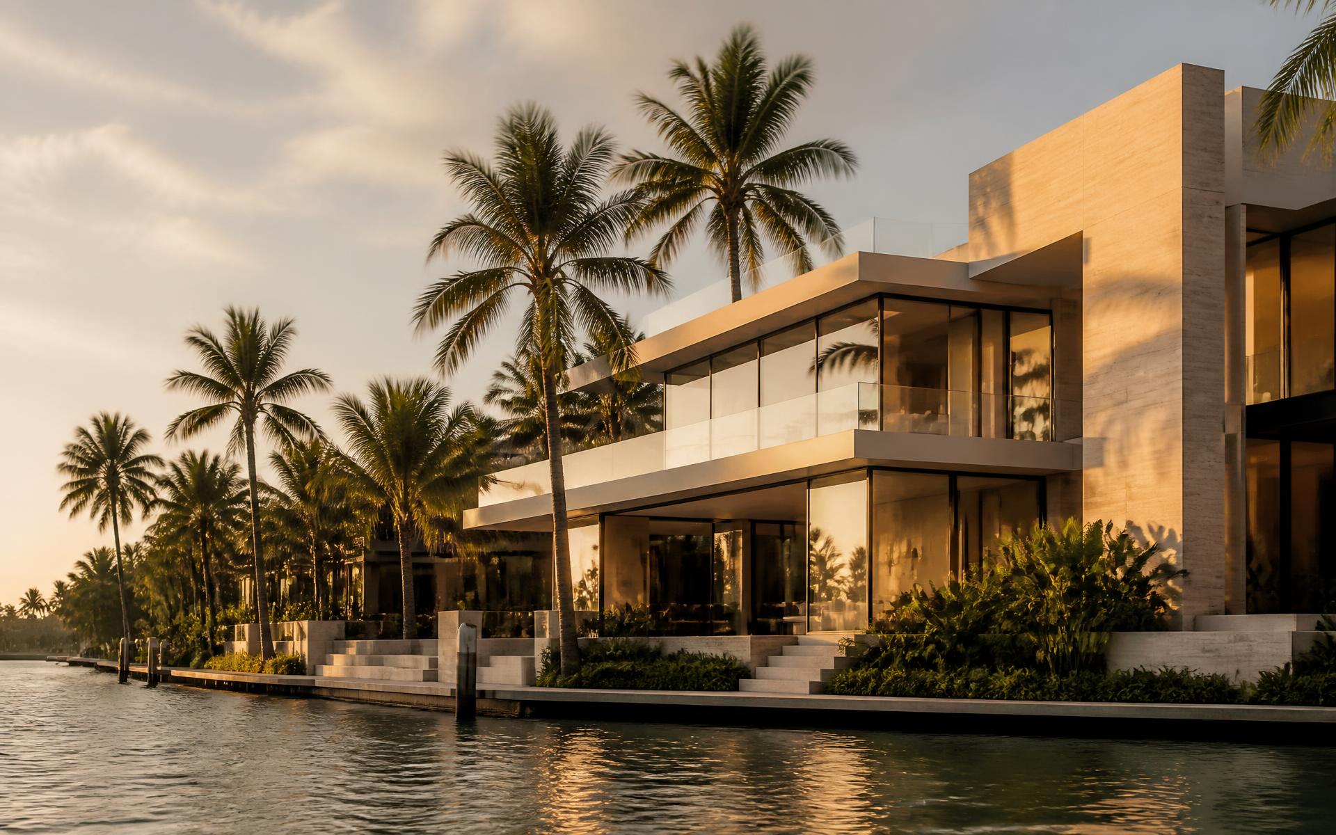 Contemporary waterfront residence in South Florida at golden hour