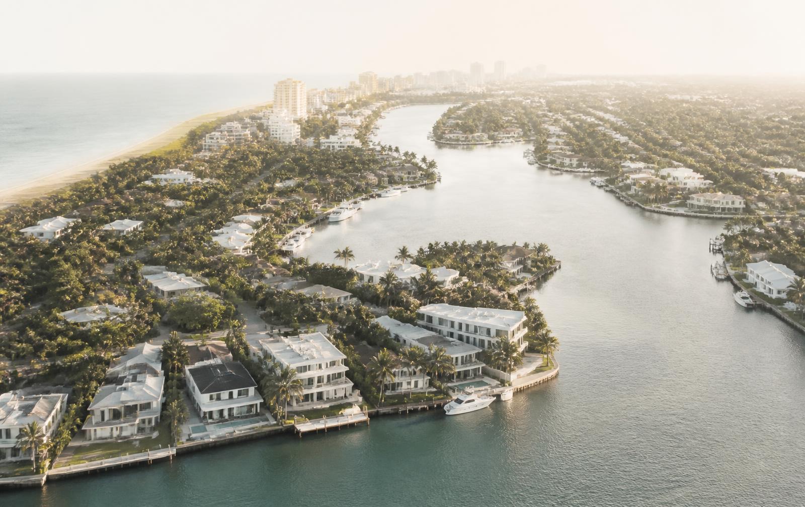 Aerial view of South Florida coastal residential architecture and waterways